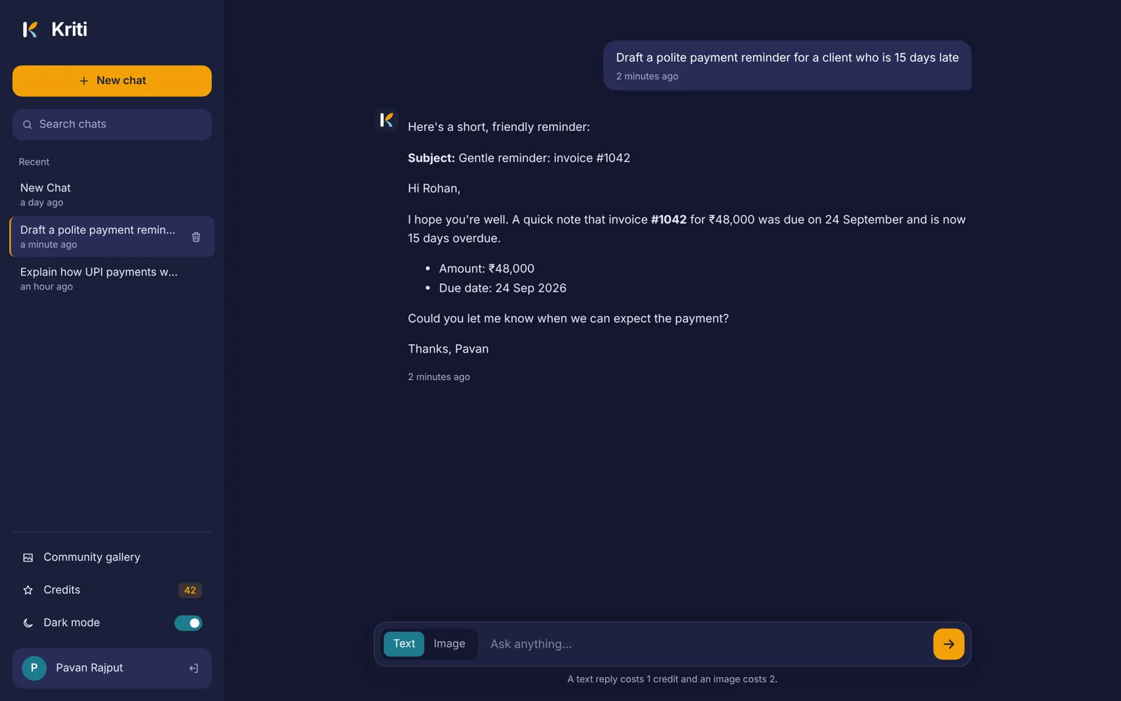 Kriti AI chat screen with a drafted payment reminder