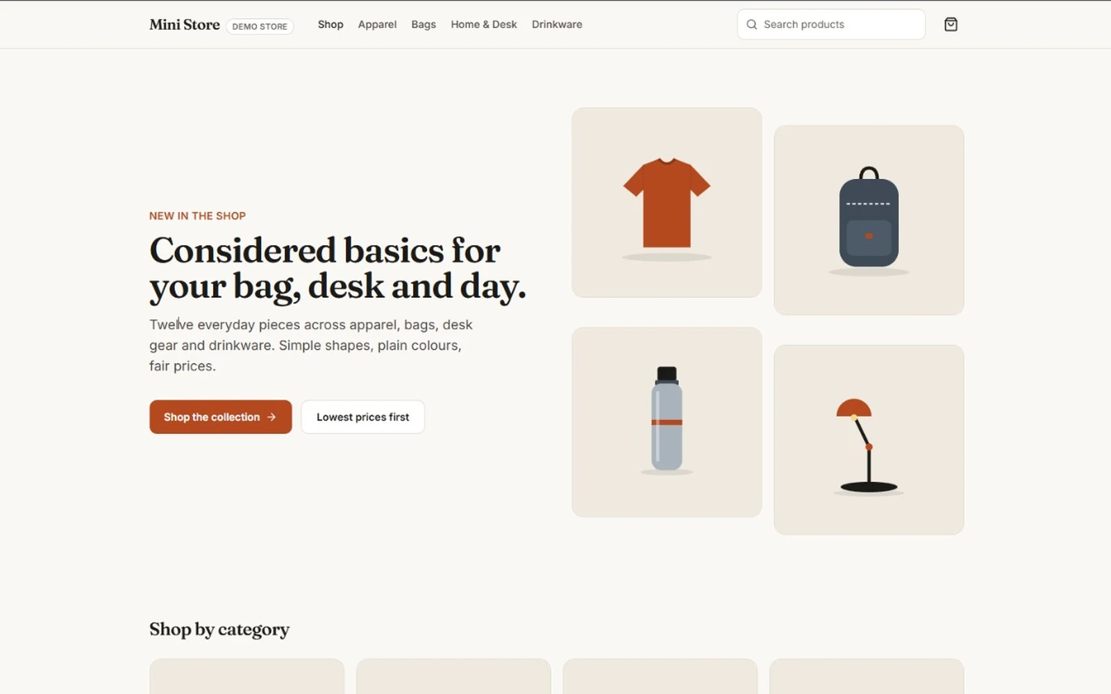Mini Store home page with featured products